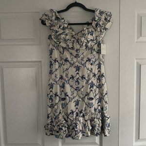 AGUA by AGUA BENDITA White & Blue Off-Shoulder Ruffled Mini Dress